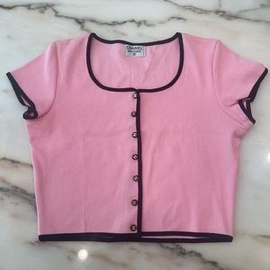 RARE Vintage Chanel Rib Pink Cardigan Crop Top